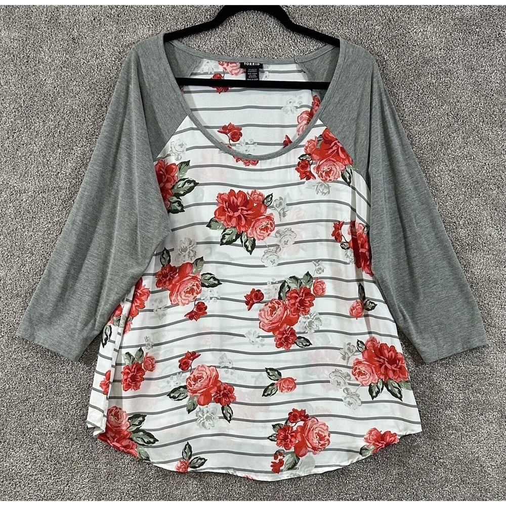 Torrid Top Womens 1X Multicolor Floral Stripe Pullover 3/4 Sleeve Blouse Shirt